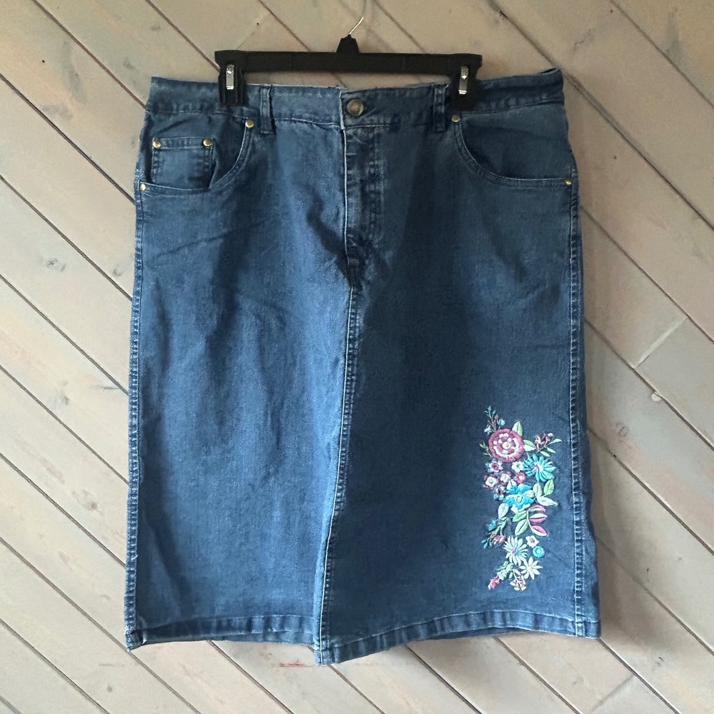 Woman Within‎ Blue Denim Floral Embroidered Midi Skirt Plus Size 22W Medium Wash